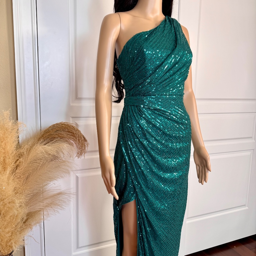 PEACOCK GREEN LONG SEQUIN DRESS - Picture 8 of 14
